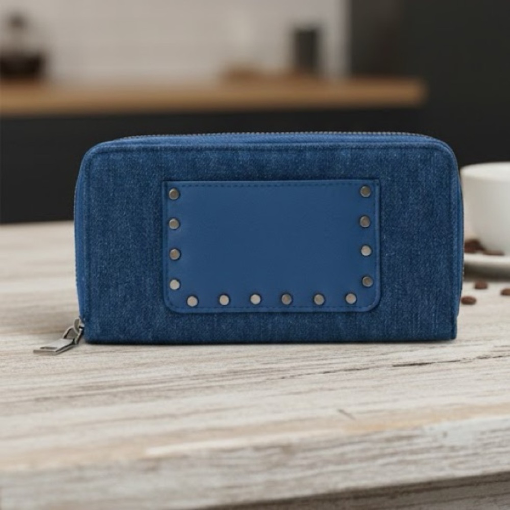 NWT womens studded denim wristlet wallet Zip Around Card Holder Organizer Clutch